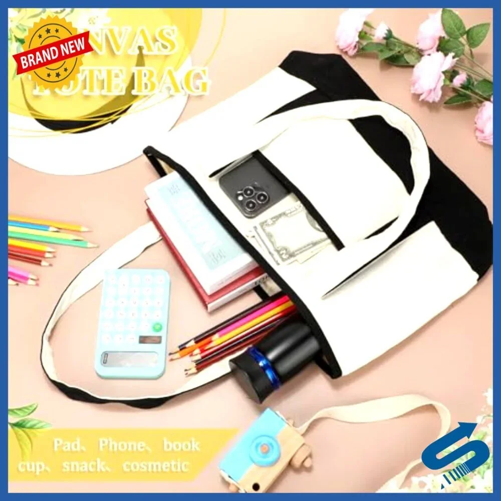 Reusable Canvas Tote Bags Bulk Pack with Pockets Handles Shopping Minimal